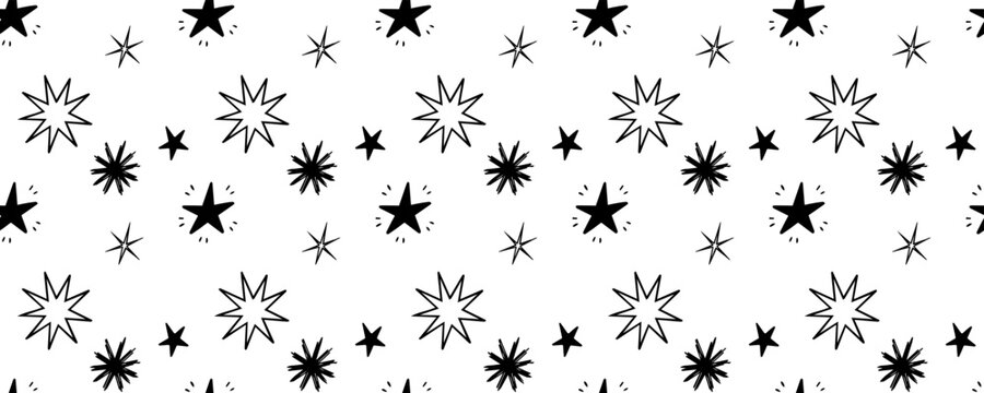 Seamless black hand drawn star and sparkle pattern on transparent background. Minimal celestial doodle design for wrapping paper, textiles and decorative prints