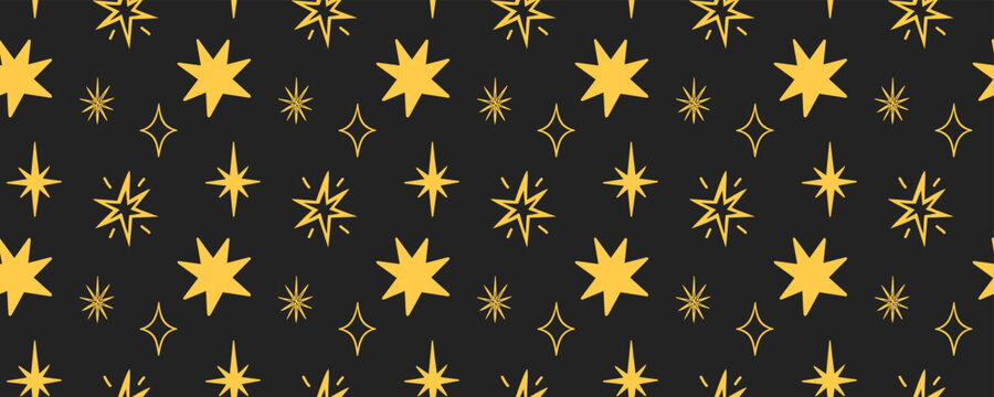 Seamless golden star and sparkle pattern on dark background featuring hand drawn celestial shapes, ideal for festive packaging, textiles and wallpapers