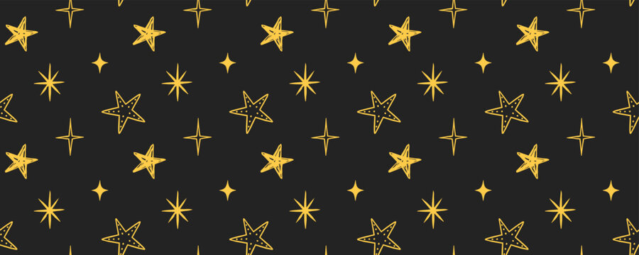 Seamless golden hand drawn star and sparkle pattern on dark background, ideal for festive wrapping paper, textiles, packaging and decorative prints