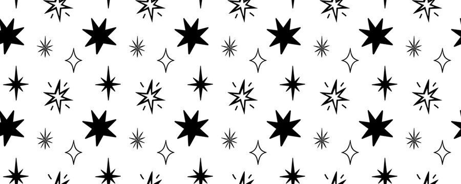 Seamless black star and sparkle pattern on transparent background with bold hand drawn celestial shapes, ideal for wrapping paper, textiles and modern prints