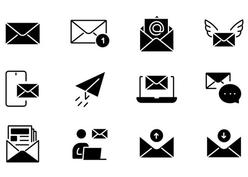 Minimalist email icon set, black silhouette mail symbols. 12 vector communication graphics for web and mobile app design.