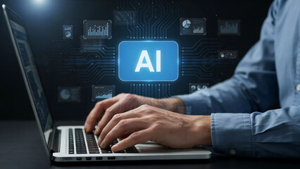 Fototapeta premium Person typing on laptop with artificial intelligence ai holographic screen display