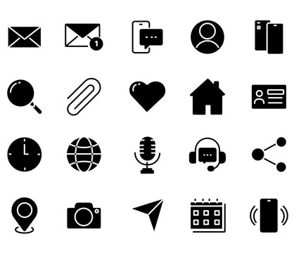 Minimalist black solid icons set, 20 essential interface vector symbols, flat web and mobile application UI elements