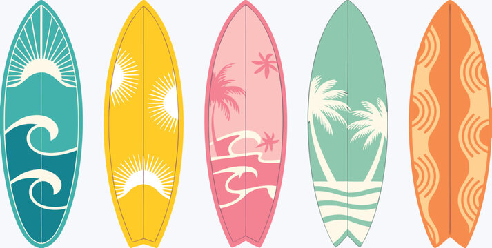 Five decorative surfboard designs featuring artistic summer patterns and icons.