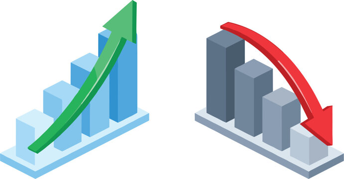 Isometric financial bar charts showing growth and loss trend arrows