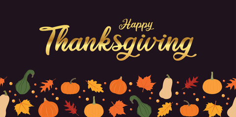 Fototapeta premium happy thanksgiving greeting card with pumpkin and autumn leave banner vector illustration
