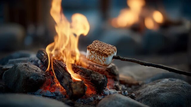 Toasted Marshmallow on Stick Over Campfire &ndash; Cozy Outdoor Evening Gathering and Sweet Treat Close-Up Photography