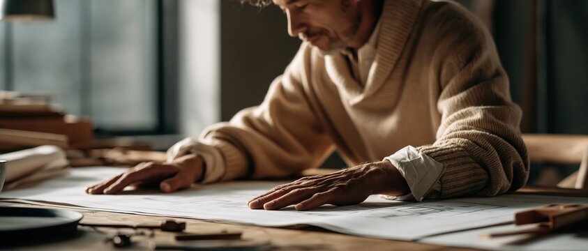 A professional close-up shot of an architect or engineer focusing deeply on a technical architectural blueprint, with a glowing smartphone screen nearby reflecting soft light on the surface 