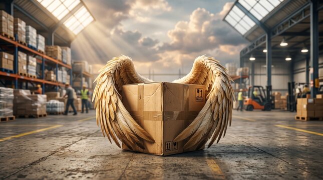 Cardboard Package Sheltered by Guardian Wings as Metaphor for Safe Shipping and Delivery Protection