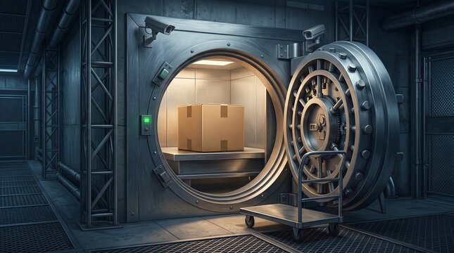 Cardboard Shipping Box Inside Secure Vault as Metaphor for Valuable Package Protection and Safe Delivery