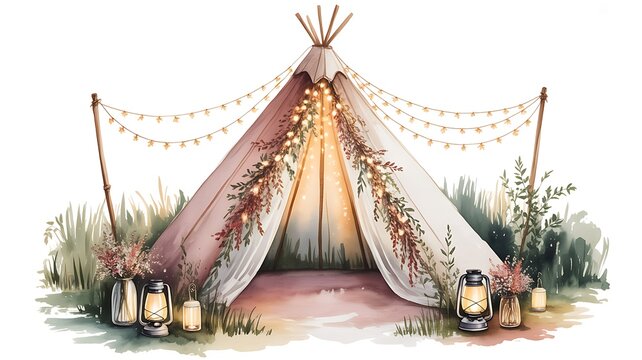 Watercolor wedding tipi tent with fairy lights and rustic decor. Perfect for boho invitations, party designs, camping themes, and nature celebration illustrations. 