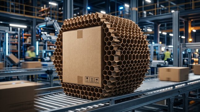 Shipping Box Protected by Honeycomb Armor Metaphor for Advanced Package Safety and Damage Prevention