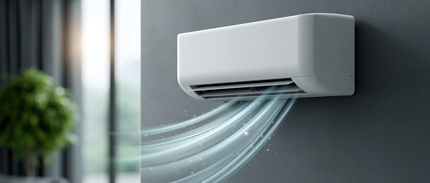 A commercial close-up photograph of a sleek, modern white split air conditioning unit mounted on a dark grey textured wall. Visible stylized air currents with glowing particles flow