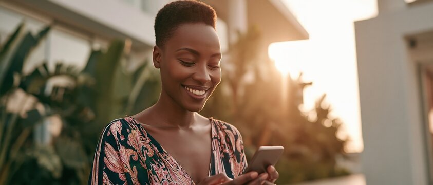Joy and digital connection radiate as a stylish young African woman reads her phone outdoors at golden hour. Perfect for social media, lifestyle, and mobile tech campaigns.