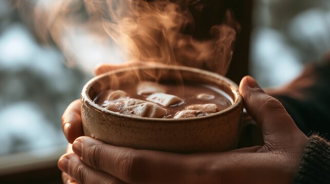close-up of thick hot chocolate with melting marshmallows in a handmade ceramic cup, held by a person in a cozy winter cafe with steam and snowy city views.