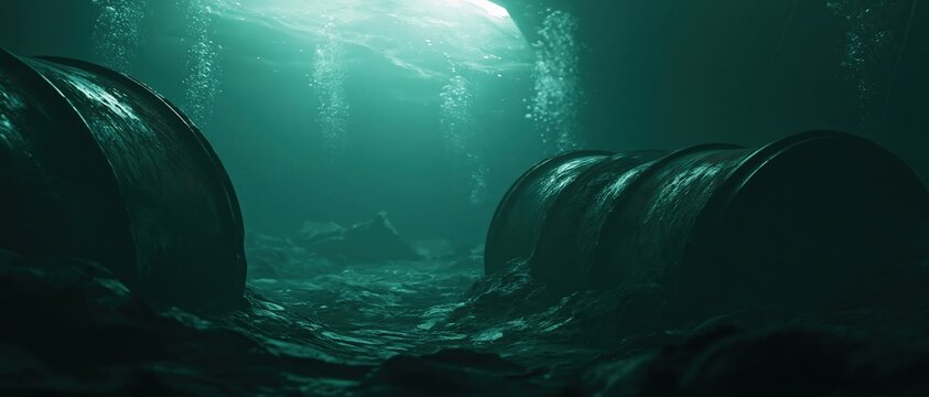A dark underwater scene, showcasing rusty industrial oil barrels lying on the rocky seabed with rising gas bubbles and mysterious green light piercing the depth.