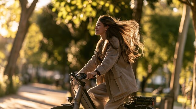 Young woman cycling through a beautiful green park at golden hour. Flowing hair, casual outfit and natural movement create an authentic outdoor lifestyle and active living scene.