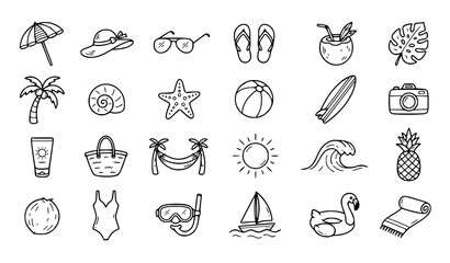 Fototapeta premium Hand Drawn Tropical Beach Vacation Doodle Icons Set with Summer Travel Elements