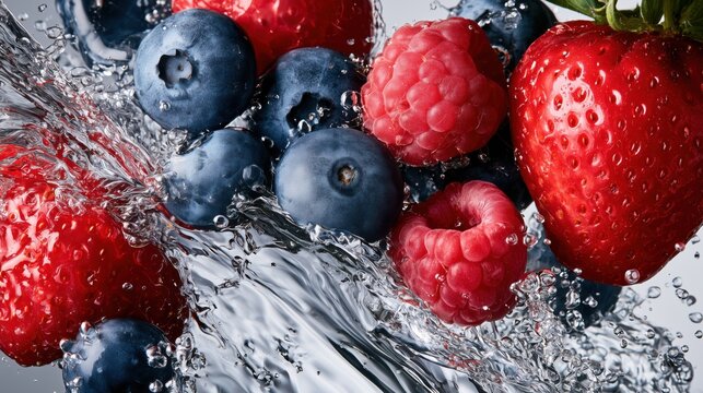 Fresh blueberries, raspberries and strawberries falling into crystal-clear cold water with a realistic frozen splash, suspended droplets, natural fruit texture and refreshing movement.