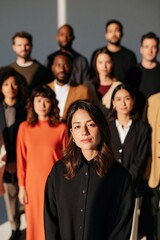 Obraz premium Diverse group of people standing at varying depths in minimal softly lit space