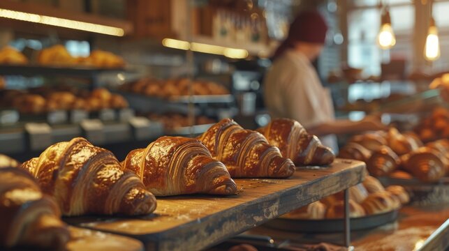 Artisan baker placing fresh golden croissants on wooden display shelves straight from the oven, while a customer waits nearby in a warm bakery illuminated by morning sunlight.