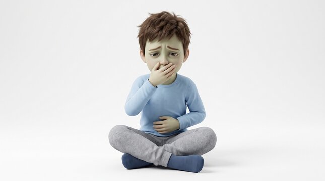 3D illustration of a young boy sitting cross-legged feeling sick with stomachache and nausea on white background