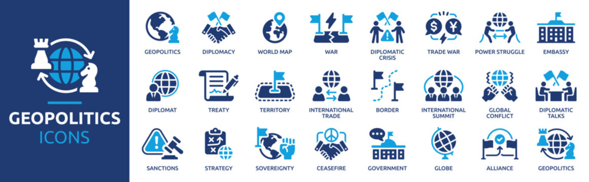 Geopolitics Icons Set featuring Diplomacy, International Relations, Trade, Border, Sanctions, Sovereignty, War, Government and Global Conflict Solid Vector Icons Collection.