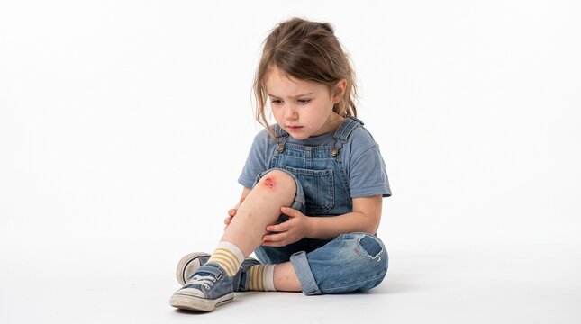 Little girl feeling discomfort from a scraped knee, sitting reflectively after a minor fall, showcasing childhood vulnerability and the need for comfort
