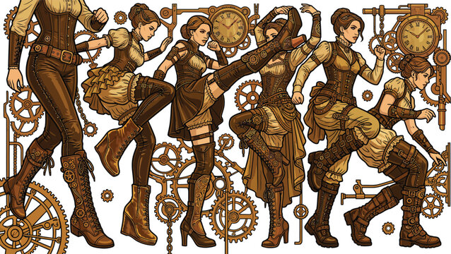 Steampunk woman character set, Victorian adventurer in brass gear and leather corset, retro futuristic female explorer vector