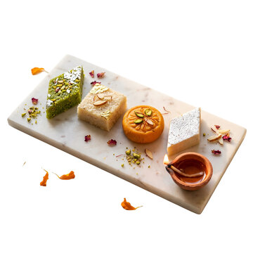 Traditional Indian Sweet Platter with Assorted Barfi and Peda on Marble Slab on Transparent Background