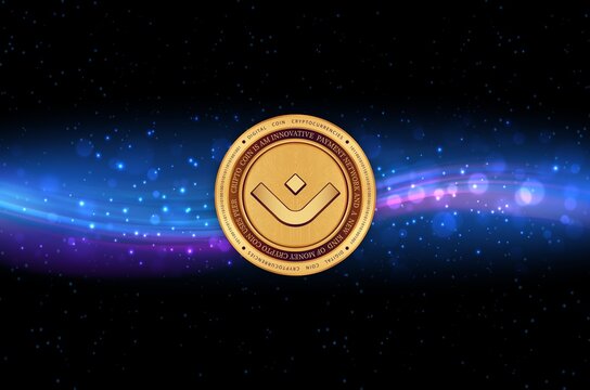 mantra-om cryptocurrency logos on digital background. 3d illustrations.