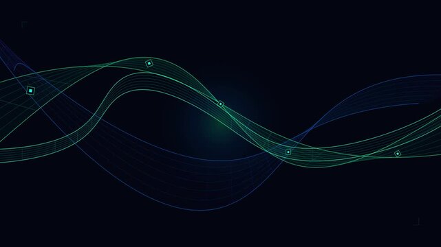 Glowing digital wave lines moving across dark technological background