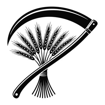 A black silhouette of a scythe and wheat stalks depicts agricultural tools silhouette