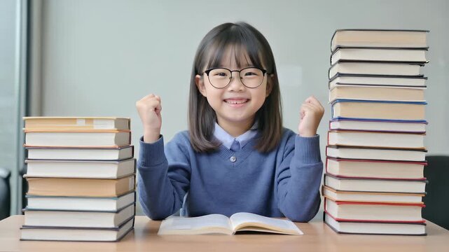 Happy Young Schoolgirl Celebrating Academic Success Surrounded by Stacked Books &ndash; Education and Achievement Concept