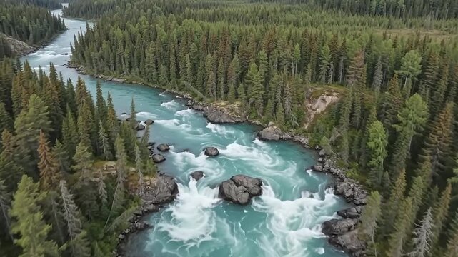 Aerial drone view of turquoise glacial river winding through pine fore