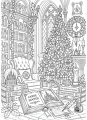 Obraz premium Detailed black and white coloring page featuring a candlelit Gothic Christmas library with bookshelves, decorated tree, wreath, ornaments, old books, and an arched window. Dark academia holiday line a