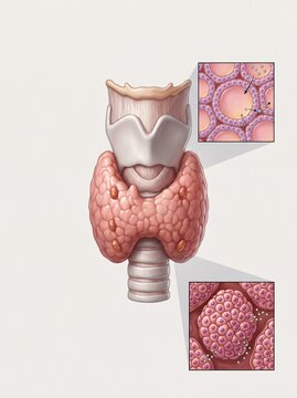 Thyroid gland anatomy diagram vector illustration. Human endocrine system organ showing thyroid follicles and parathyroid glands. Medical education graphic for science and health study.