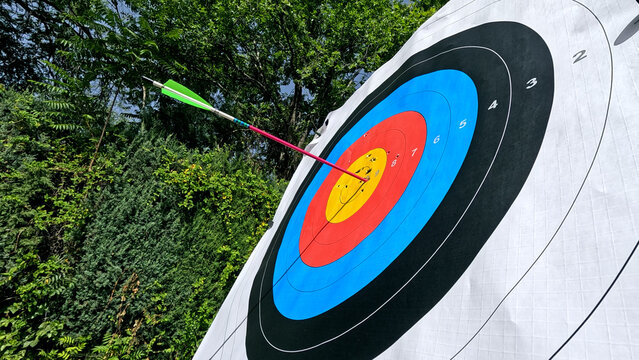 Arrow striking the bullseye of an archery target, symbolizing precision, success, aiming high, and achieving personal objectives