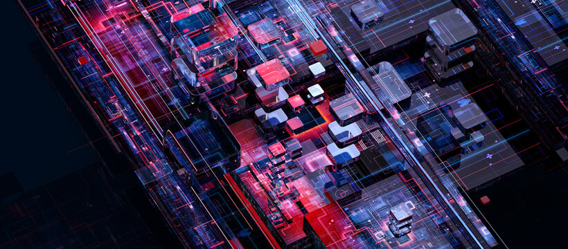 AI infrastructure, semiconductor technology and data center computing architecture with interconnected digital circuit components, processors and network pathways. Abstract high-tech visualization