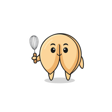 A cute cartoon fortune cookie character holding a wire whisk in its hand, standing against a clean white background.