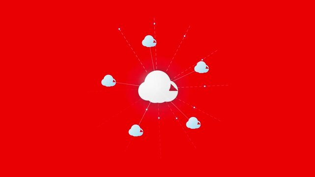 Abstract cloud computing network animation with data sync on red background