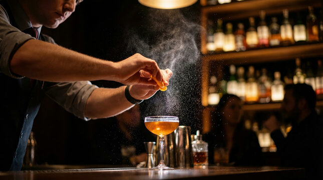 Bartender expressing citrus zest over cocktail at stylish bar counter, showcasing craft mixology and beverage service.
