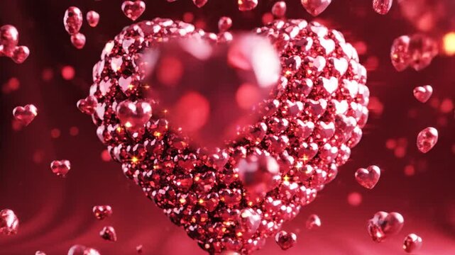Sparkling ruby heart floating over red silk background