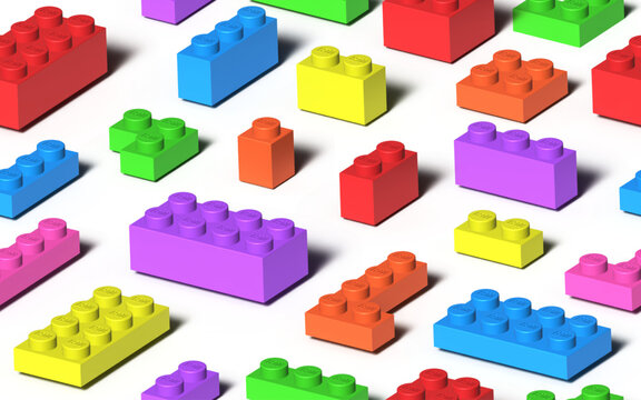 Seamless background made with realistic multicolor Lego plastik constructor blocks isolated on white background. 3D rendered vector editorial illustration