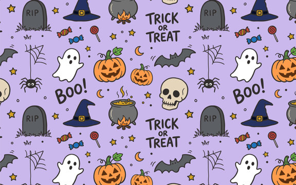 Seamless Halloween pattern with cute ghosts pumpkins witch hats and skulls on light purple background for wrapping paper and textile print.