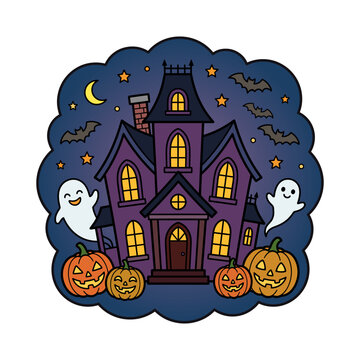 Spooky haunted house sticker with cute ghosts and pumpkins in starry night frame for creative Halloween cards and party decorations.