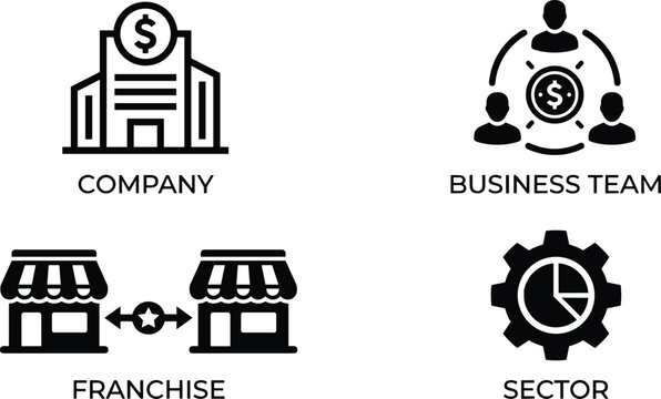 Set of business icons including company, business team, franchise, and sector