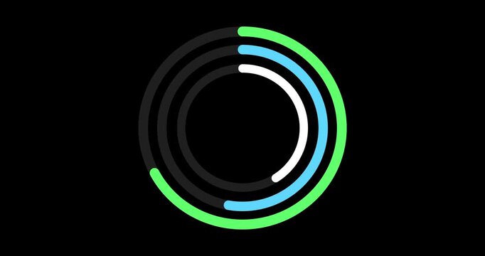 Digital, icon and website screen with graphic for downloading or progress tracking. Connection, dashboard and system upload with completion indicator on dark display for networking interface
