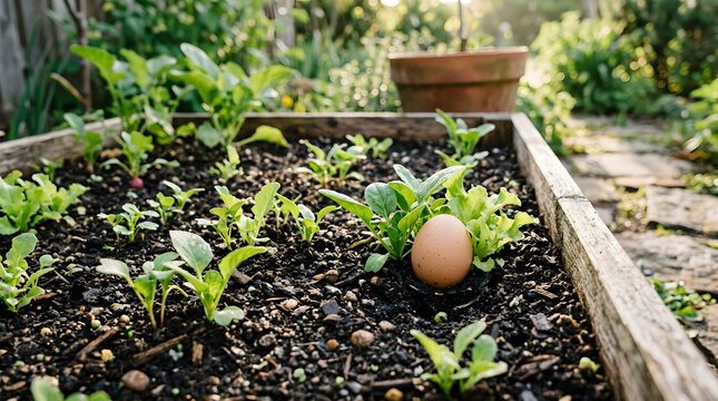 A brown chicken egg nestled among young green seedlings in a raised garden bed