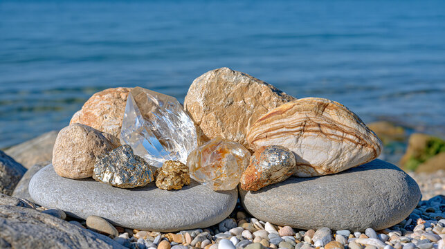 Diverse collection of rare earth minerals and precious metal ores arranged across smooth gray sea stones on a quiet beach, translucent crystals, metallic fragments and natural rock formations contra